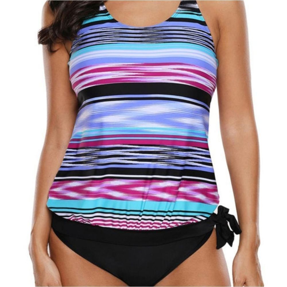 New Striped Tie Dye Print Two Piece Bathing Suit